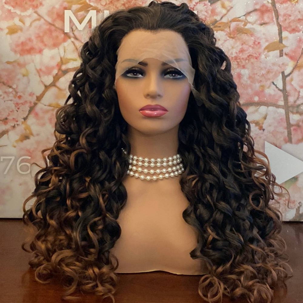 PREMIUM BROWN HIGHLIGHTED CURLY HUMAN HAIR BLEND LACEFRONT WIG